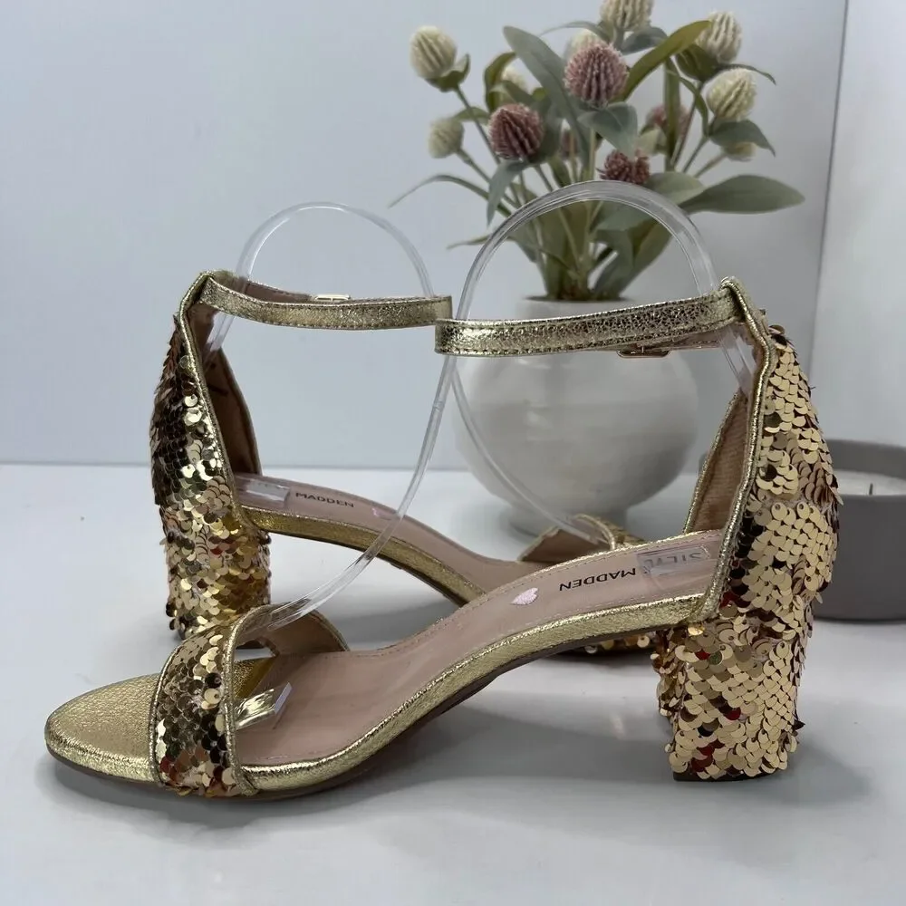 Steve Madden Carrson Sandal Gold Sequin Ankle Strap Block Heel Women's US 6 M